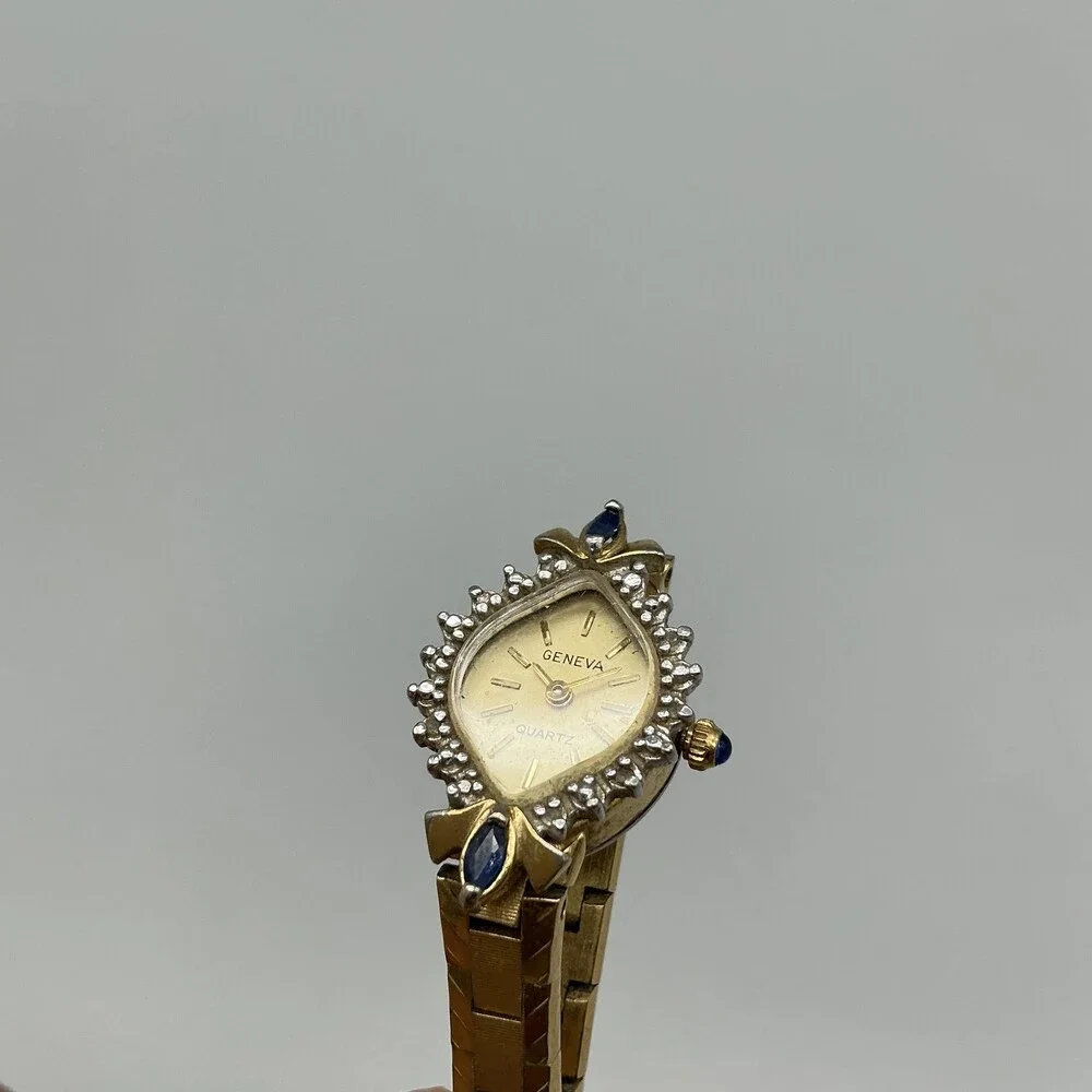 Geneva Womens Watch 16mm Champagne Dial Gold Tone Gemmed Blue Stones FOR PARTS